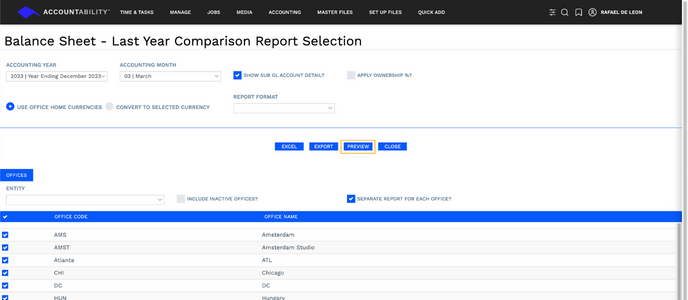 Balance Sheet - Last Year Comparison Report Selection - Preview