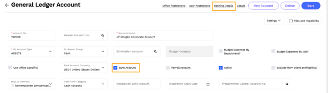 GL Account form for a bank account with Banking Details Link highlighted
