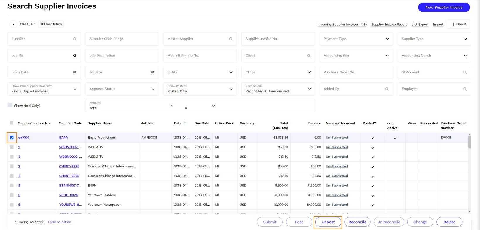 How to post or unpost a Supplier Invoice