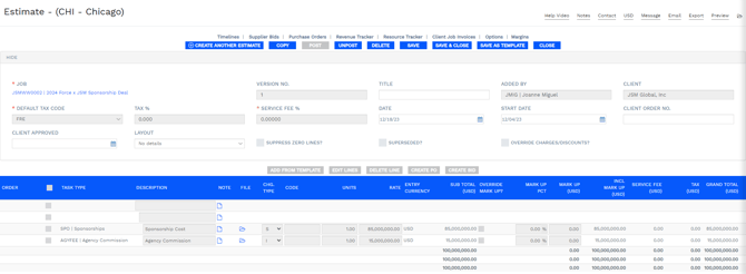 Screenshot of Estimate with Sponsorship Cost line and Agency Commission Line