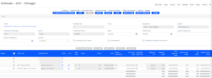 Screenshot of Estimate with Sponsorship Cost line and Agency Commission Line